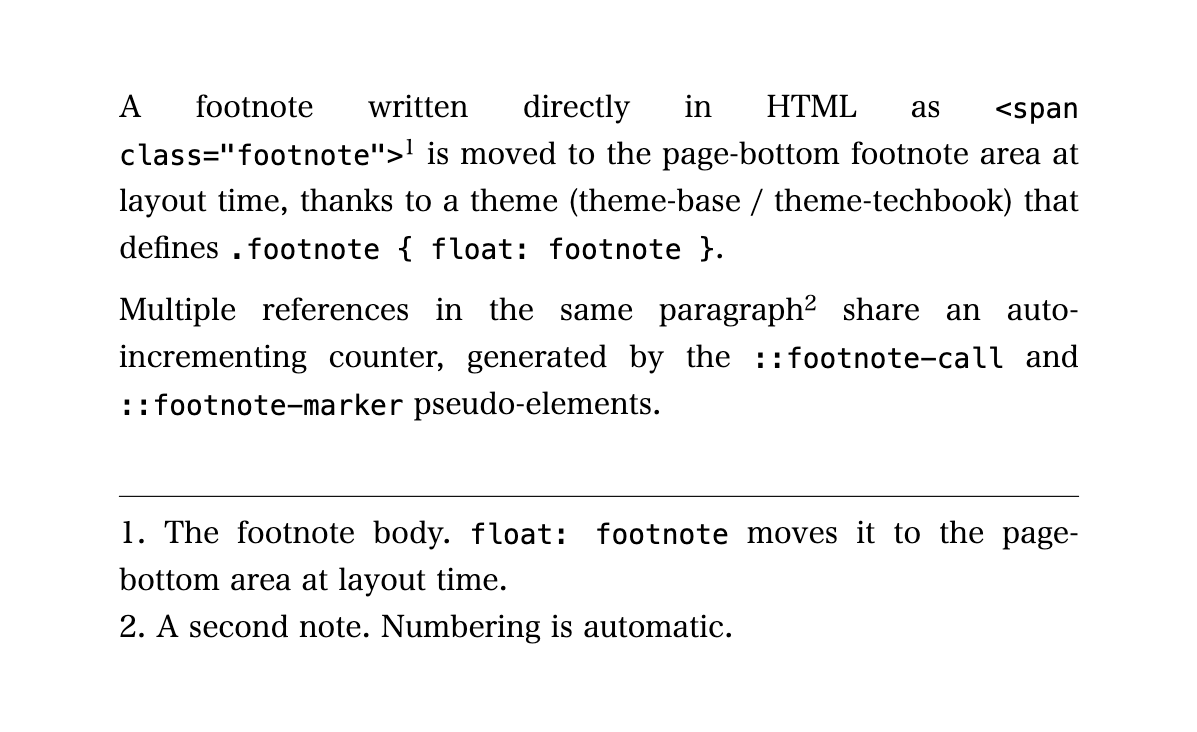 GCPM class-based footnote: in-body superscript reference plus an automatically numbered marker in the page-bottom footnote area