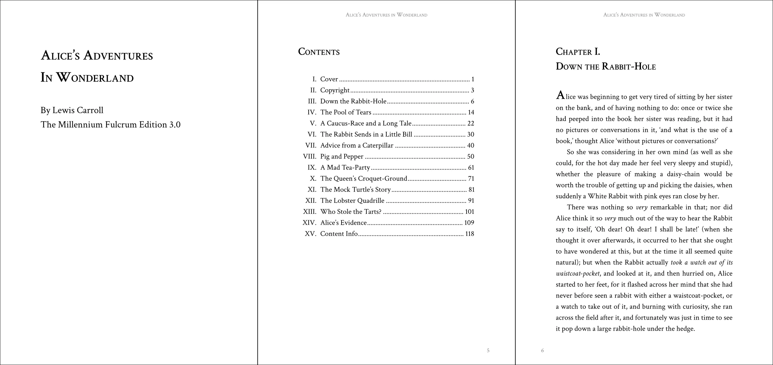 theme-gutenbergのサンプル画像。原稿は「Alice's Adventures in Wonderland」。