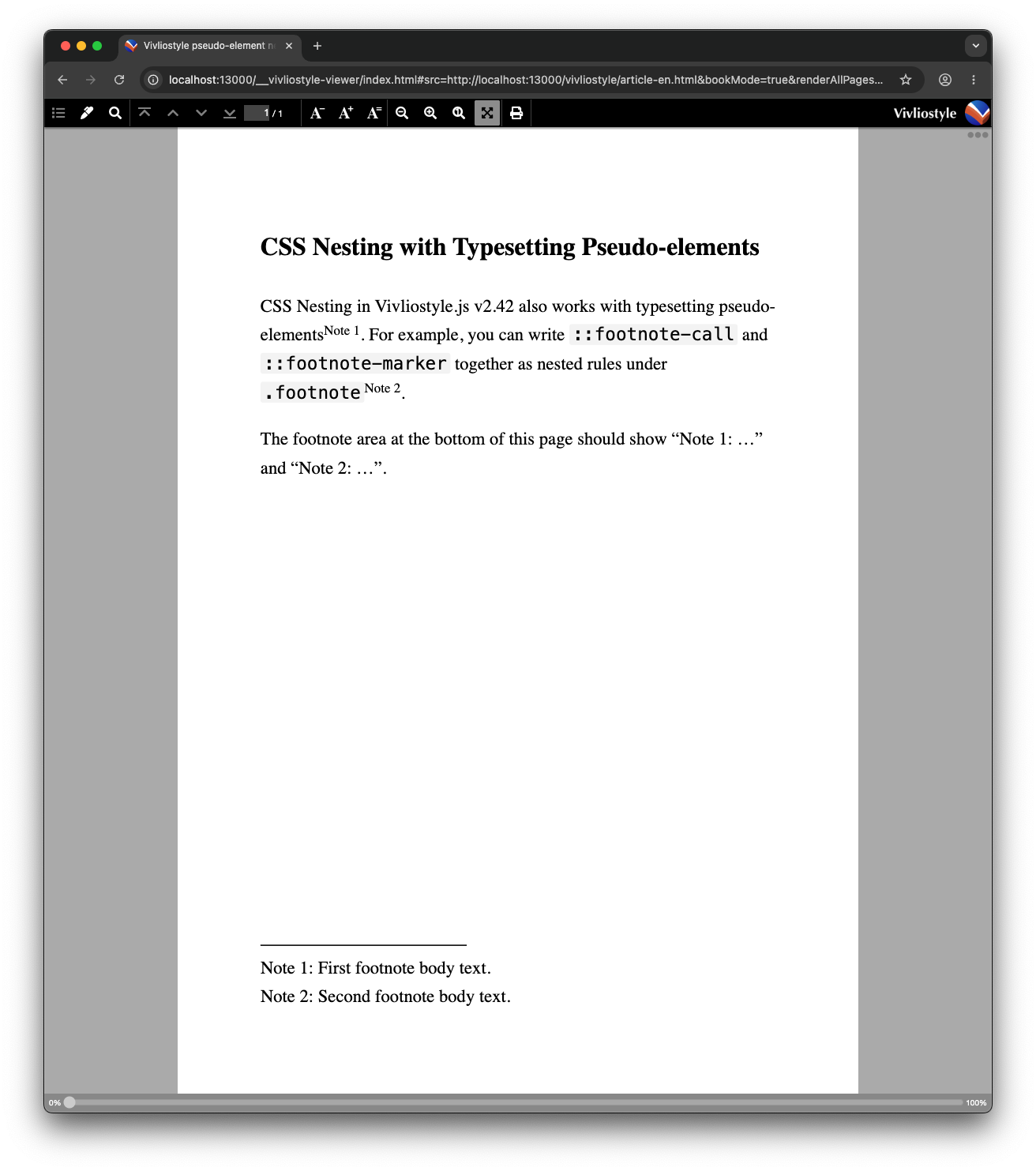 Pseudo-element nesting (::footnote-call and ::footnote-marker) in action: "Note 1" and "Note 2" appear in the body text, and "Note 1: …" and "Note 2: …" appear in the footnote area at the bottom of the page.