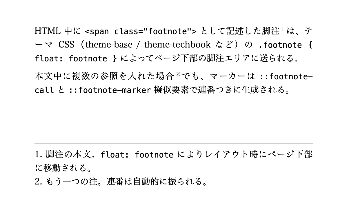 GCPMクラス方式の脚注。本文中の上付き番号と、ページ下部の脚注エリアにマーカー番号付きで自動配置される